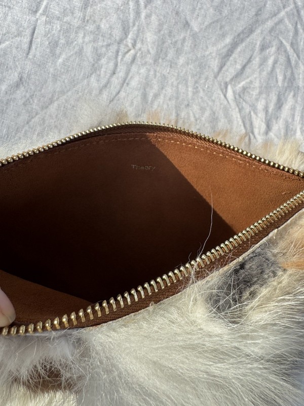 Theory Fur Patchwork Natural Clutch Pouch Bag Shoulder Zipper Brown Tan White gallery