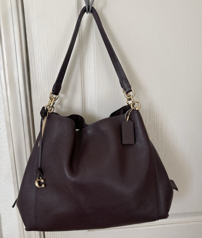 Coach Burgundy Pebbled Large Shoulder Bag Zip Closure Gold Hardware Charm