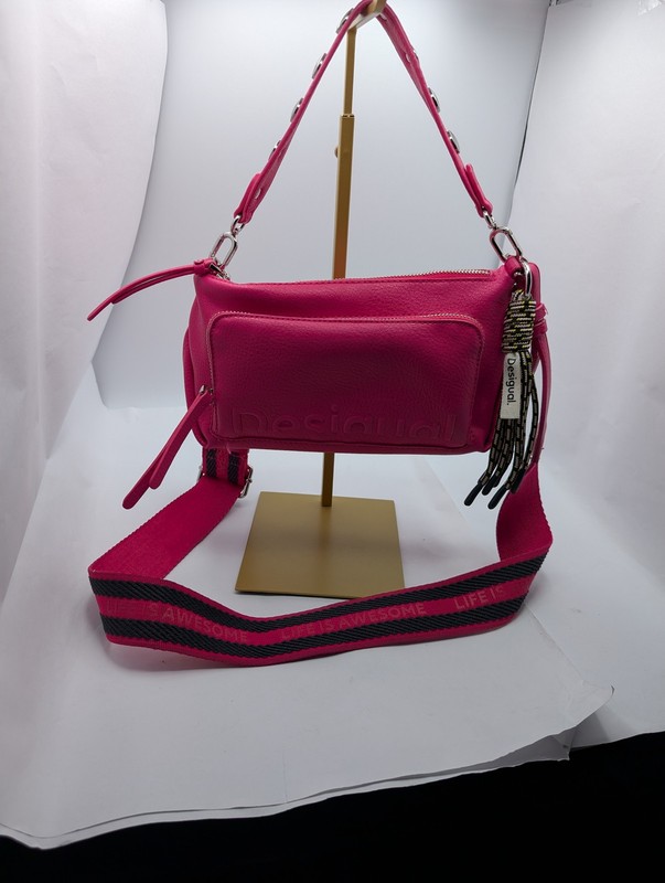 Desigual Pink Faux Leather Crossbody Shoulder Bag with Tassel Charm & Studs