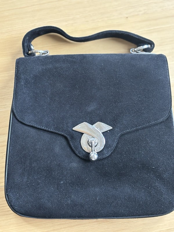 Magda Makkay Black Suede Shoulder Bag Silver Hardware Turn Lock