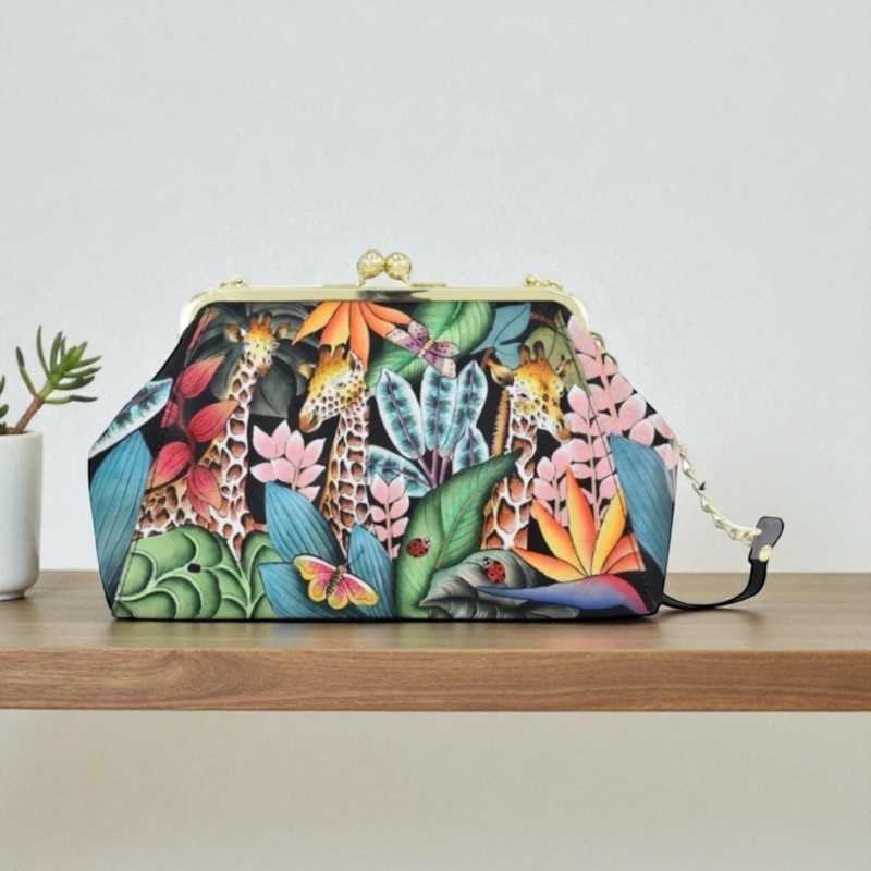 Anuschka Jungle Hand-Painted Leather Kiss Lock Clutch Crossbody Shoulder Purse