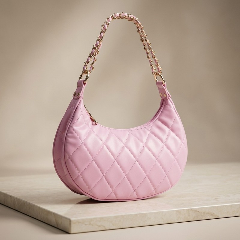 Women’s Pink Quilted Shoulder Bag Hobo Tote Clutch Zipper Handbag Adjustable Bag