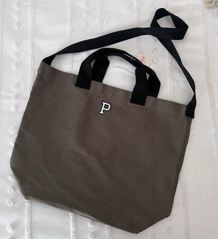 NWT Victorias Secret VS PINK Green Canvas Tote Bag Black Straps P Logo