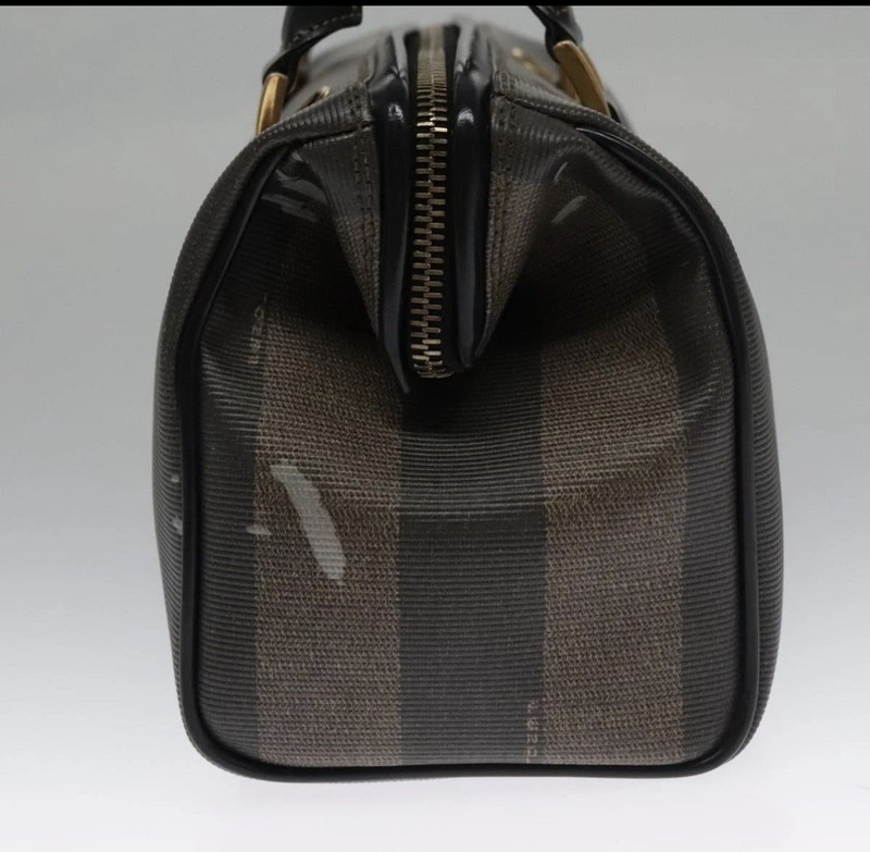 FENDI Pecan Canvas Hand Bag Brown Black gold Auth 102870 gallery