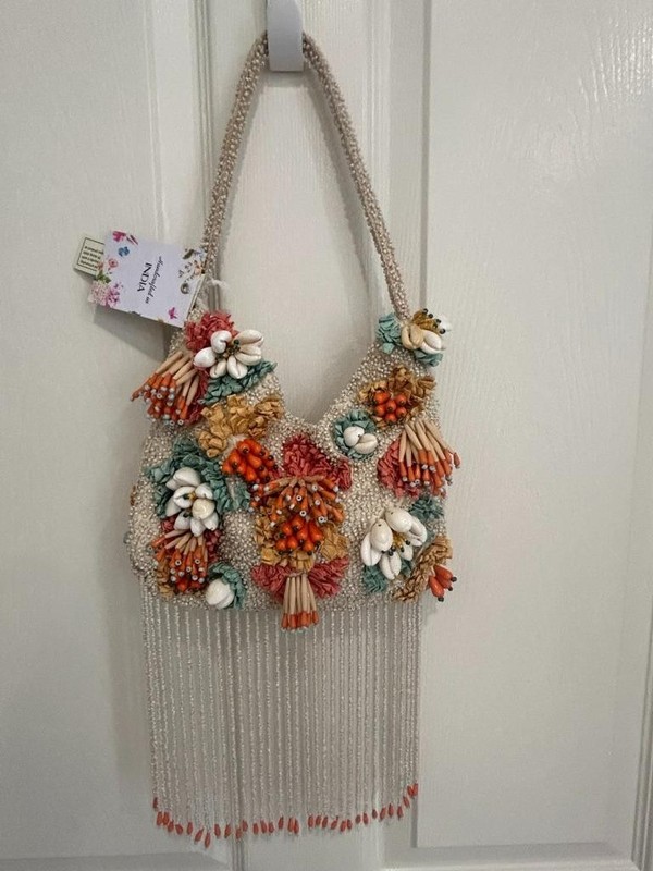 Beaded Fringed Seashells 3D Multicolor Shoulder Bag Handcrafted in India NWT