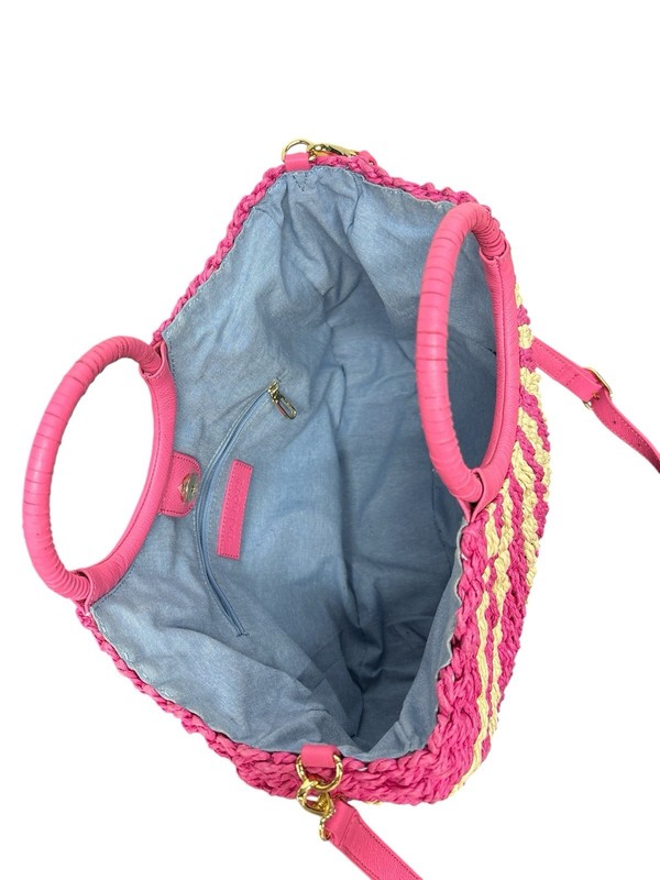 TALBOTS Leather Circle Handle 100% Paper Straw Pink Tote Purse Summer Bag gallery