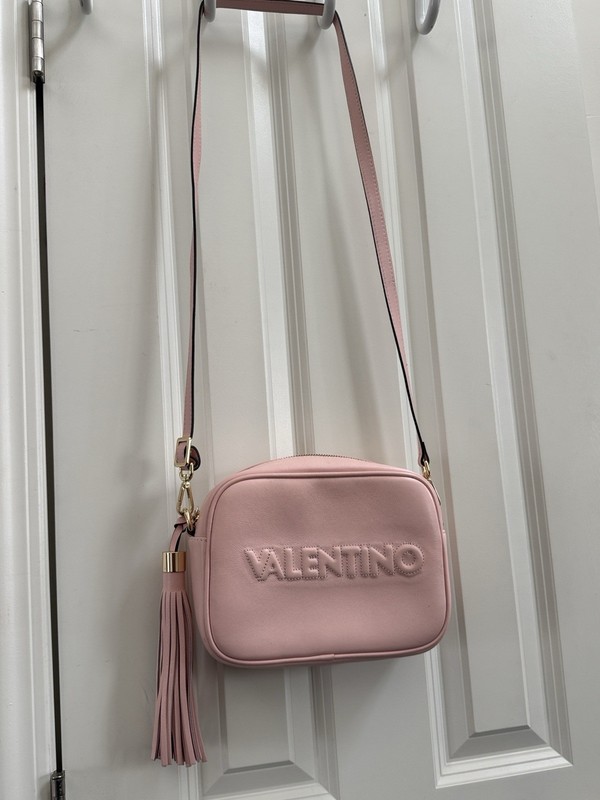 Valentino Pink Crossbody Bag Tassel Embossed Logo Zip Closure Gold Hardware gallery