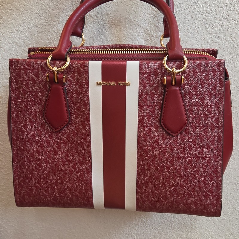 Michael Kors MK Logo Marilyn Satchel Top Handle Bag Red/White Cherry Stripe