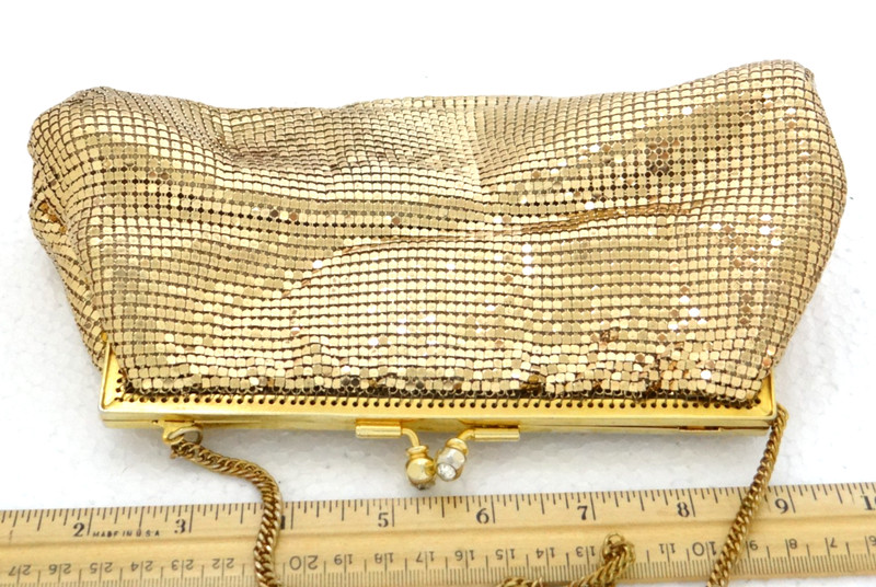 Whiting & Davis Gold Mesh Evening Bag Purse Metallic Flap Top Shoulder Chain gallery
