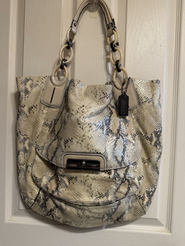 Coach Kristin Metallic Ivory Yellow Python Embossed Leather Tote Bag 16797