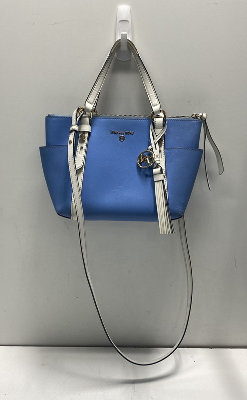 Michael Kors Blue White Saffiano Leather Satchel Handbag Gold Hardware Tassel