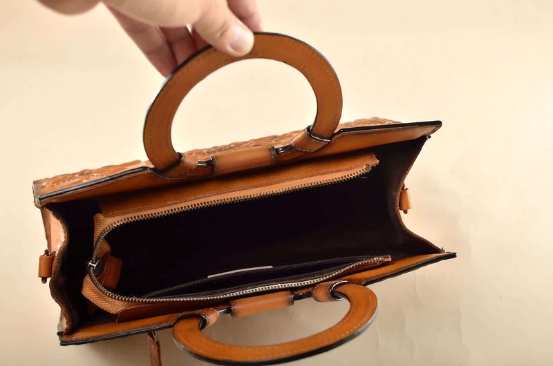 Erivis Women Hand-Carved Leather Handbag Brown Doctor bag Handmade gallery