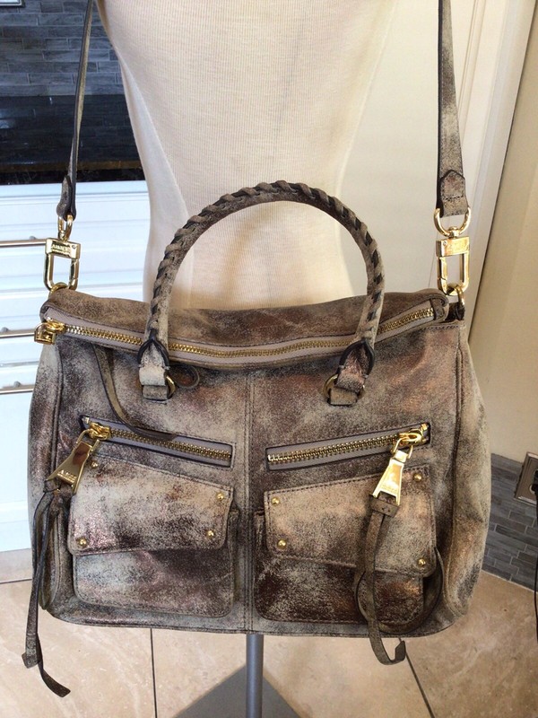 Aimee Kestenberg Soho Leather Gold Pink Metallic Distressed Bag, Satchel