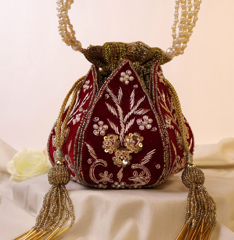 Maroon lotus potli bag Zardozi Embroidered Lotus Clutch Bag Indian Ethnic Purse