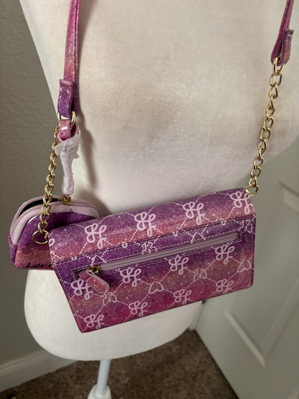 2 Pc LUV BETSEY JOHNSON Pink Purple HEARTS BOWS Clutch SHOULDER BAG Purse FOLEY gallery