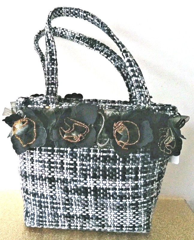 NOS Bag Purse Ruffled Rose Black White Fabric Handle Ribbon 2 Pockets Zipper Tag