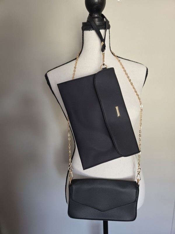 Black Purse Duo: Evening Clutch + Casual Crossbody with Gold Chain