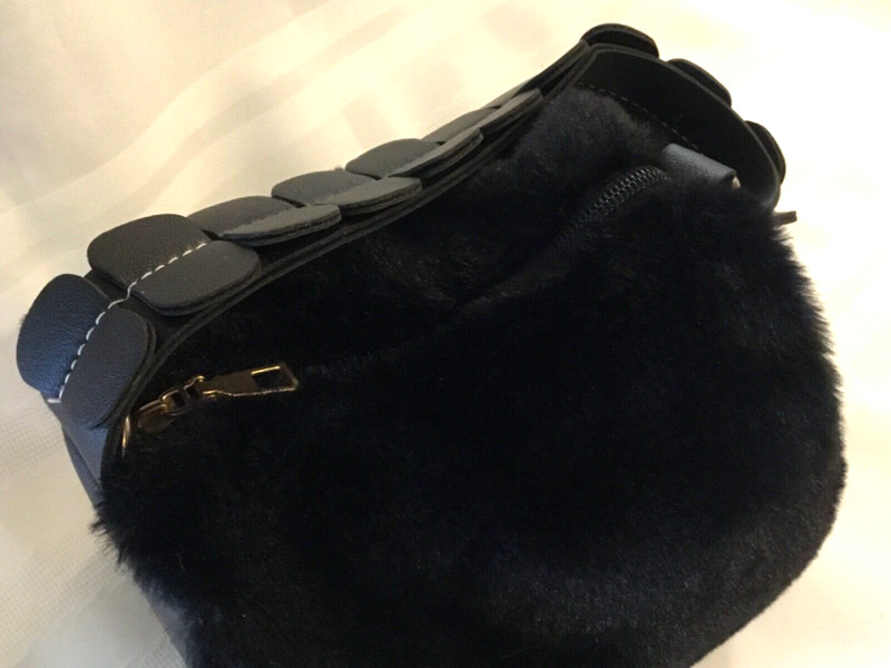 Small Black Faux Fur Short Barrel Purse Black Stitched Top Handle gallery