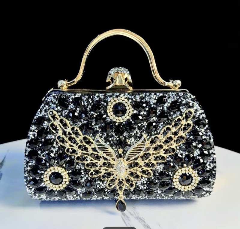 Women’s Black/Gold Crystal Rhinestone Butterfly Top Handle Clutch Kiss Lock