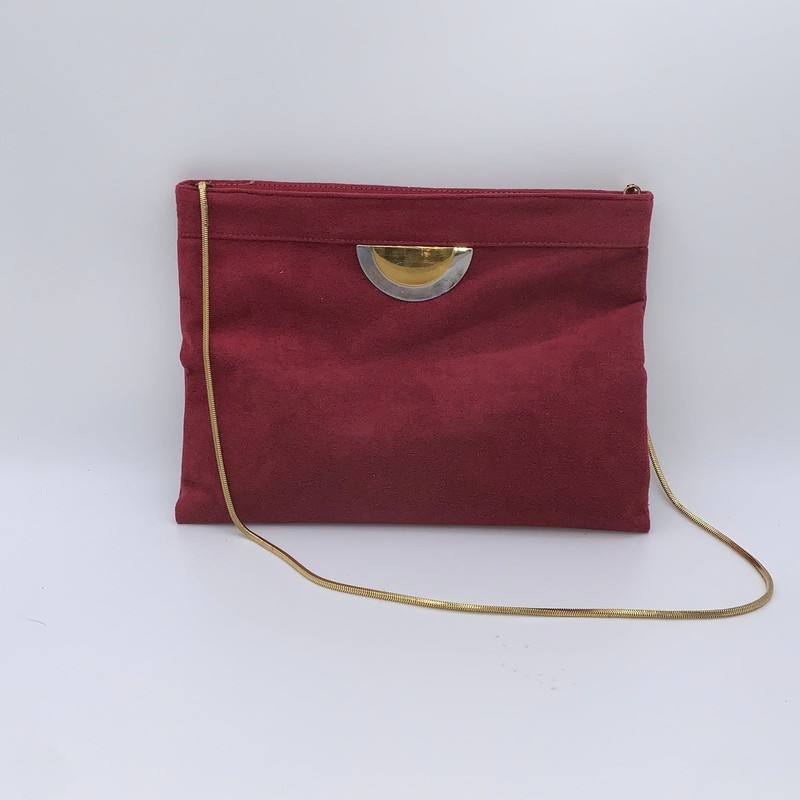 Vintage 80s Reva Burgundy Ultra Suede Bag Clutch with Half Moon Hardware