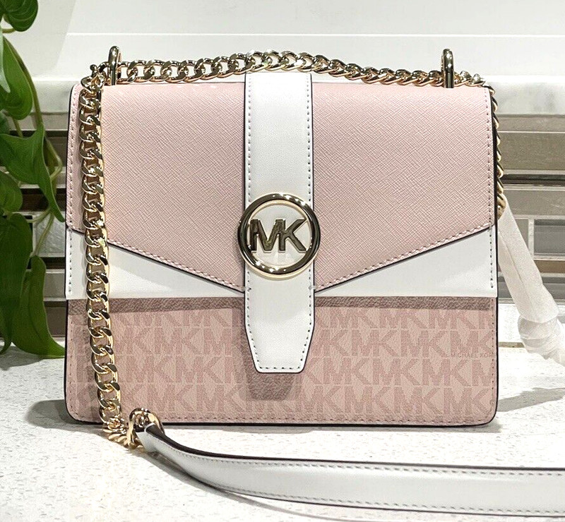 MICHAEL KORS GREENWICH SMALL FLAP CROSSBODY MK CHAIN BAG TOTE POWDER BLUSH PINK