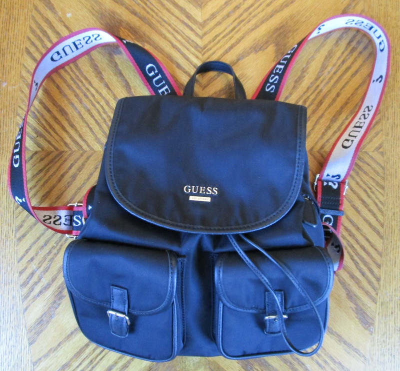 GUESS Black Nylon Backpack Red Logo Straps Dual Front Pockets Drawstring Unisex