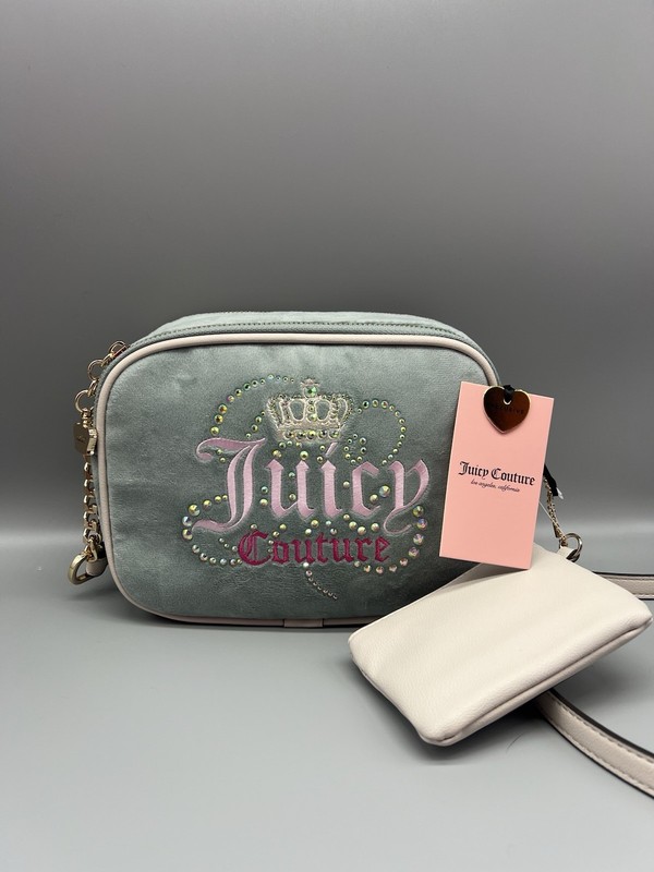 Juicy Couture Dreamy Juicy Sage Logo Crossbody Zip Gold Chain Rhinestone Pouch