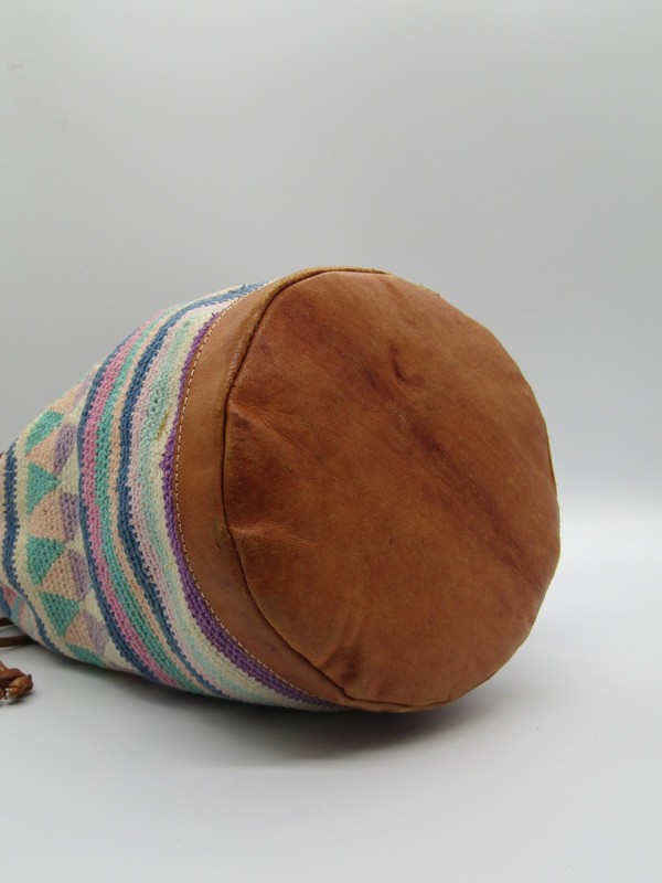 Vintage Hand-Crocheted Bucket Bag- Boho leather Trim Drawstring Purse 12" tall gallery