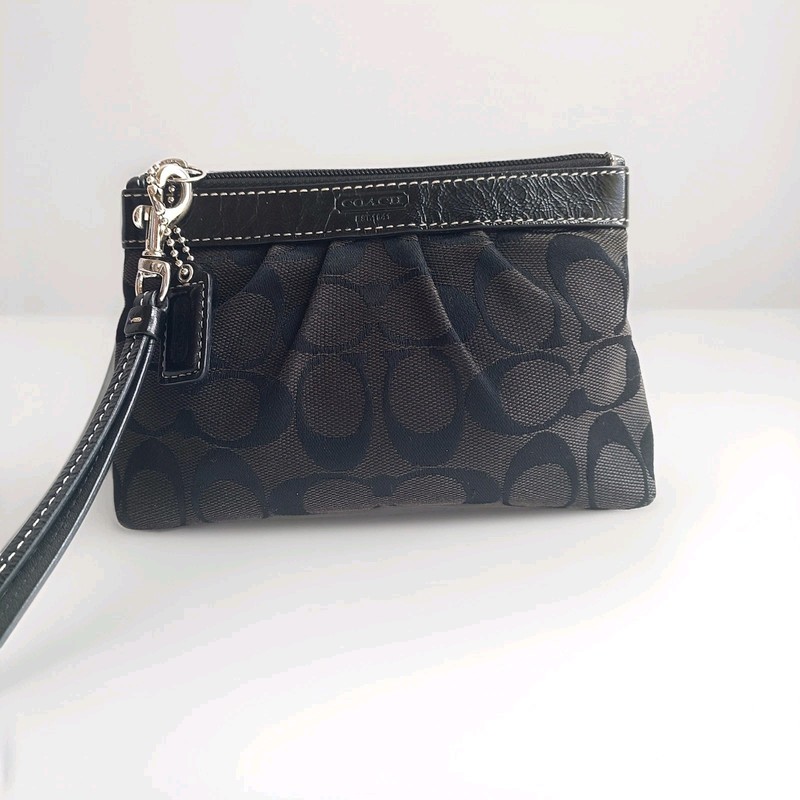 Vintage Coach Clutch Wristlet 1941 Black Leather Signature C Fabric Hangtag