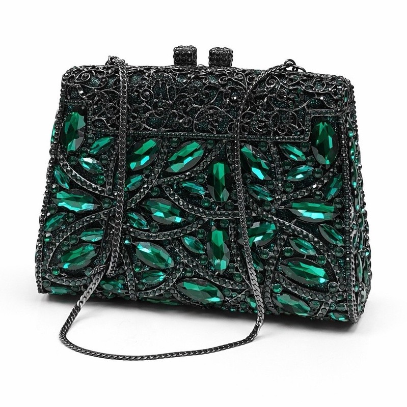 Green Crystal Beaded Metallic Clutch with Chain Strap Black Formal Party