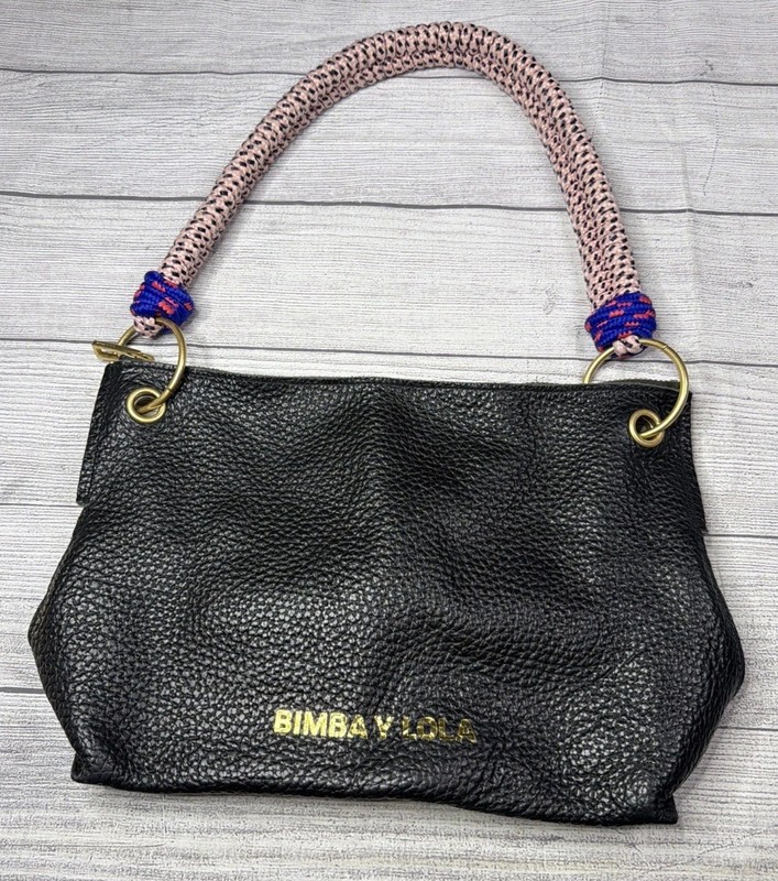 Bimba Y Lola Medium Black Leather Shoulder Tote Bag Rope Chord Strap Gold