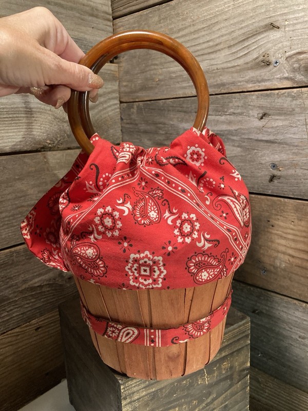 Vintage Basket Lined MCM Cotton Fabric Red White Bandanna With Handles