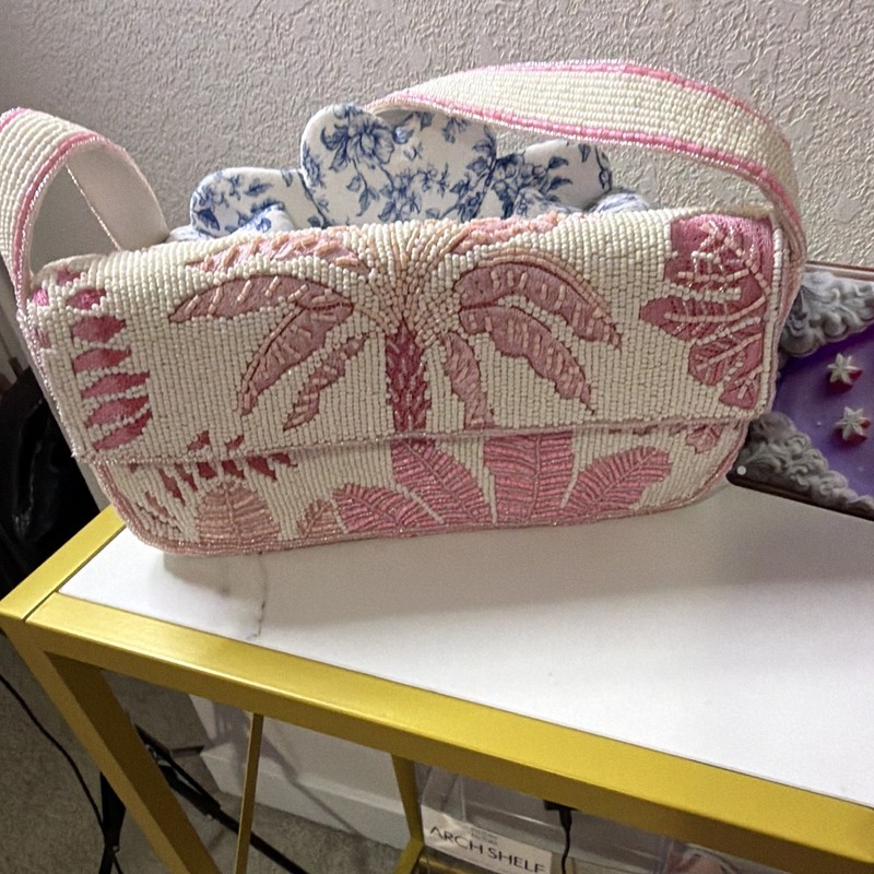 Pink Cream Beaded Palm Tree Shoulder Bag Magnetic Closure Detach Strap