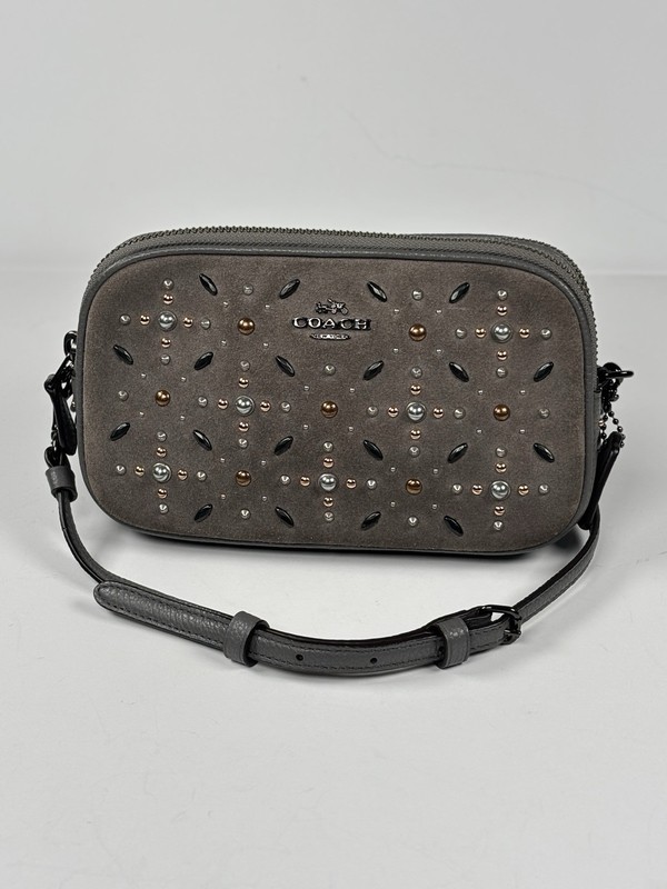COACH Prairie Grey Rivets Suede Starburst Metal Gold LEATHER CROSSBODY/CLUTCH