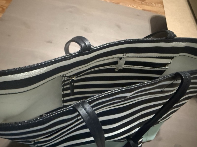 kate spade new york Striped Tote Black White Mint Green Gold Hardware Bag Charm gallery