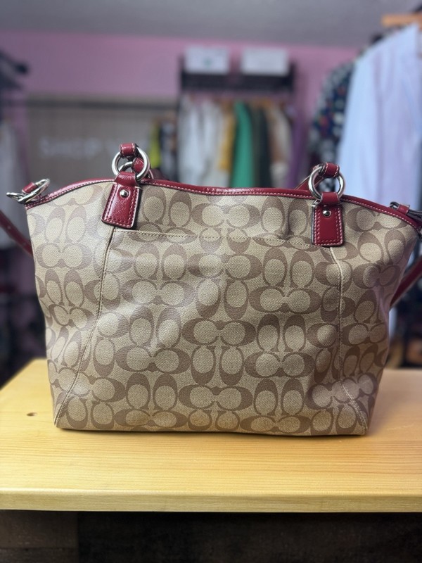 Coach Peyton Signature Tote Bag Khaki Burgundy Coated Canvas Leather Trim gallery