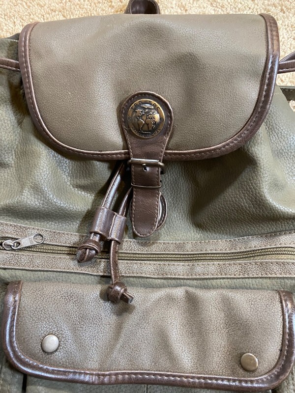 Boho Tandem Tan Sac Faux Leather Olive Green with Brown Trim Backpack Drawstring gallery