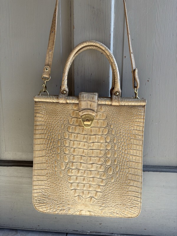 BRAHMIN tan natural Croc Embossed Framed Satchel Shoulder Bag Crossbody Strap