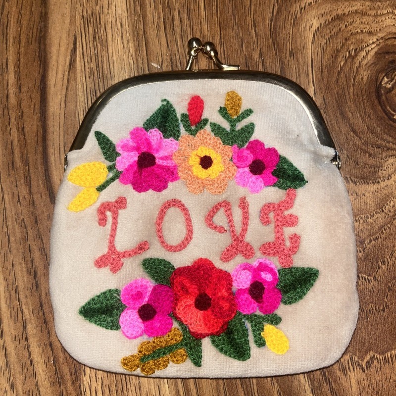 Embroidered Kiss Lock Fleece Coin Purse Tan 4.5 X4 Pink Floral Love