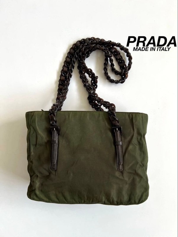 PRADA Tessuto Nylon Chain Shoulder Bag Khaki Vintage Authentic Leather Crossbod