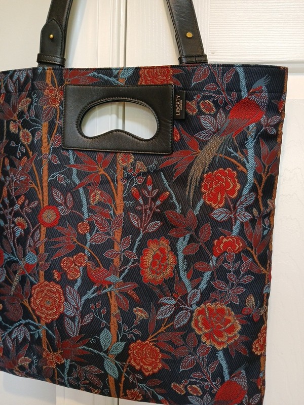 Liberty London Floral Tapestry Bird Dark Navy Leather Trim Shoulder Tote Bag EUC gallery