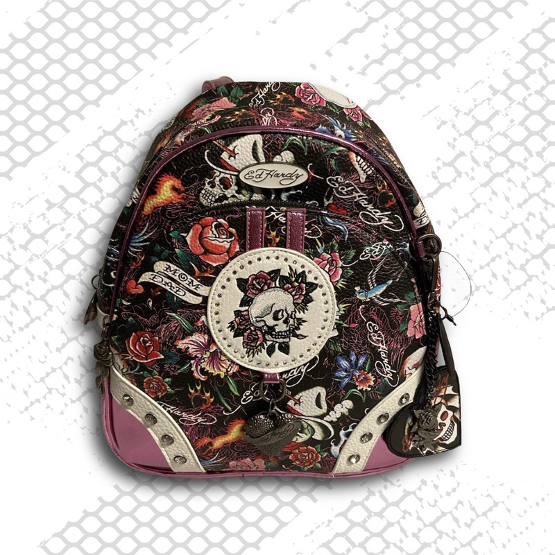NWT Ed Hardy Mini Backpack – Skulls & More! – Black & Metallic Pink