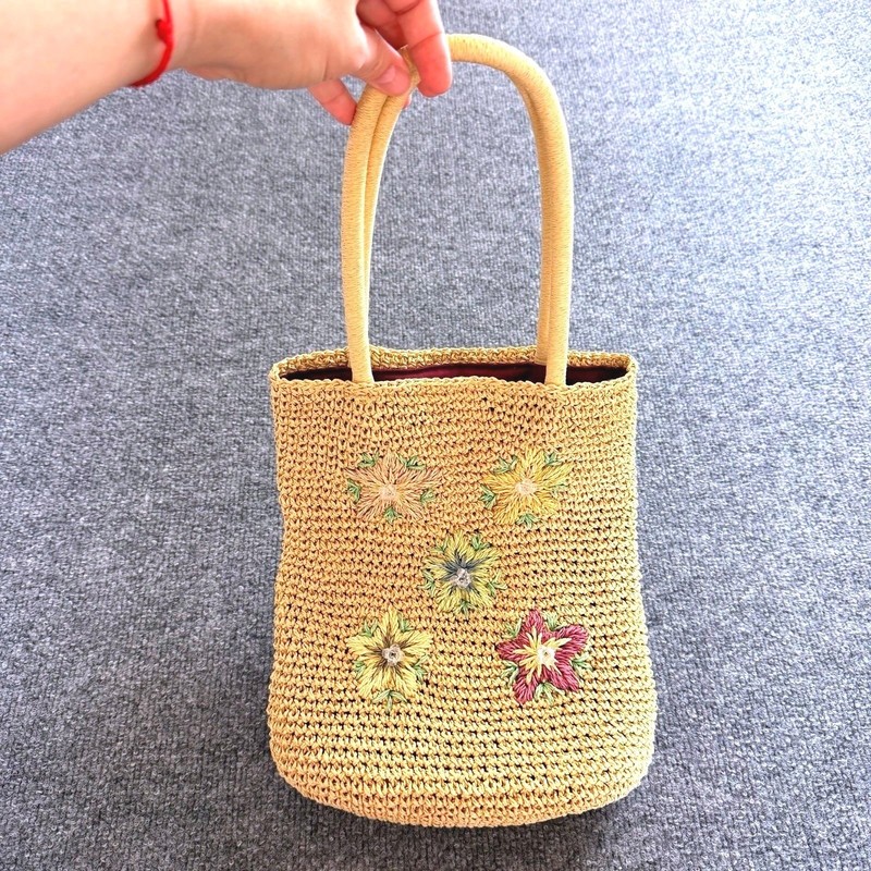TEMPO Design Straw Crochet Tote Bag Floral Embroidery Purple Lined
