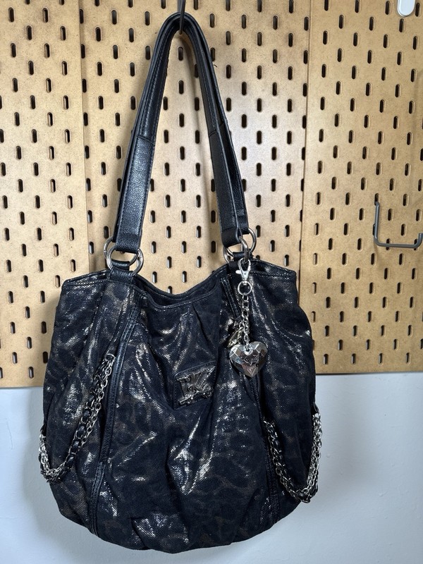 Kathy Van Zeeland Black Metallic Leopard Shoulder Bag Chain Heart Charm Pockets