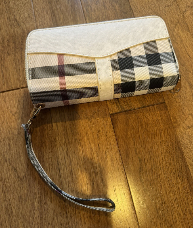 Plaid Zip-Around Wristlet Wallet w/ Wrist Strap, Credit Card Slots Beige