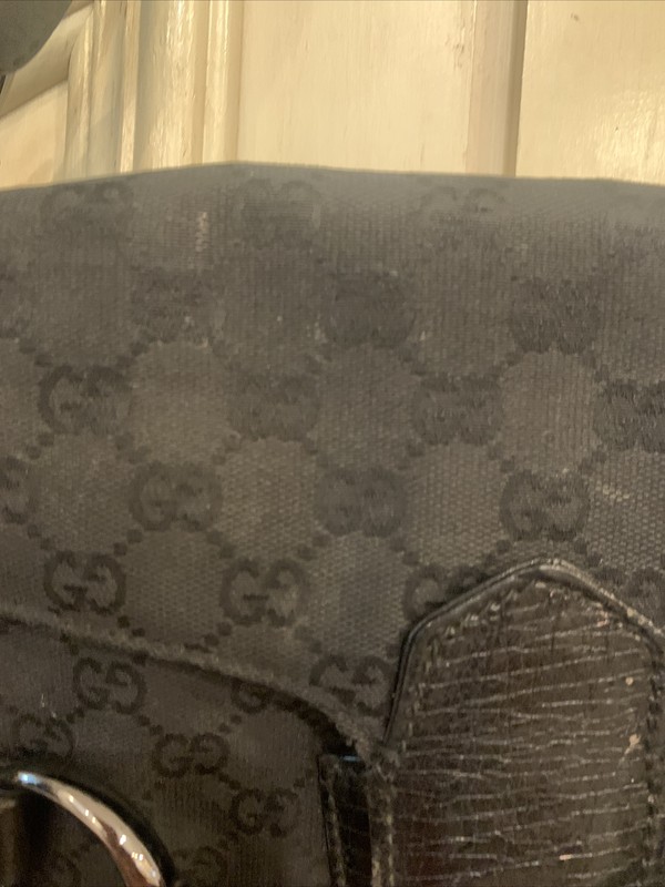 Authentic Gucci Studded Horsebit Chain Black GG Canvas Shoulder Bag Logo gallery