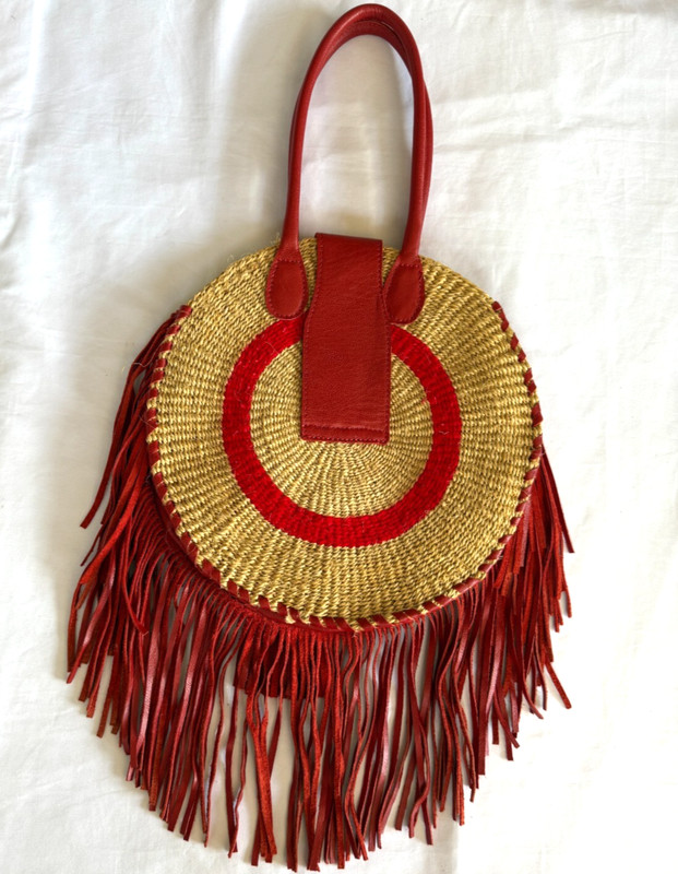WOVEN SISAL BAG RED LEATHER FRINGE DOUBLE HANDLES BEADED TASSEL ROUND 14"x13" gallery