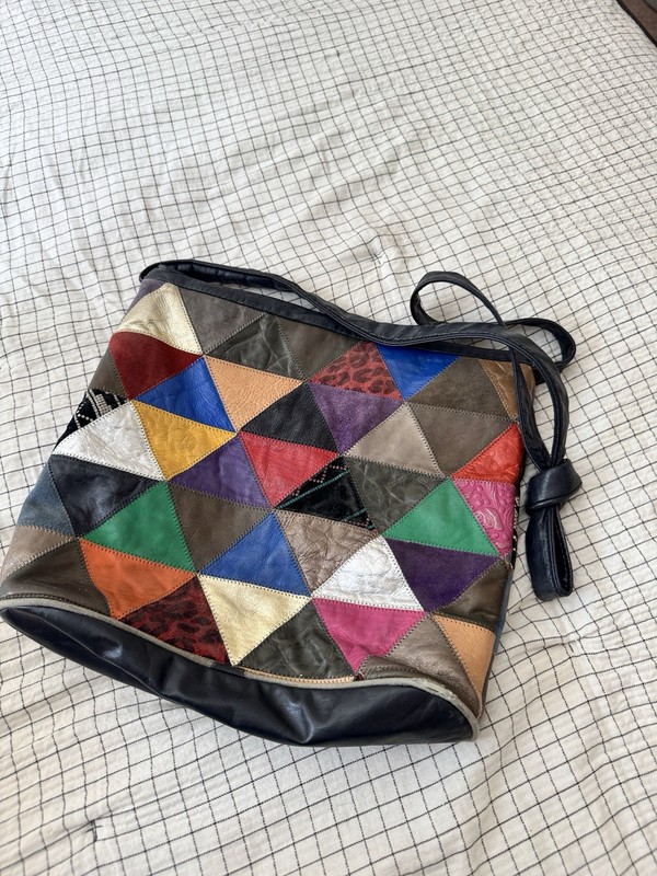 Women’s Multicolor Geometric Patchwork Shoulder Bag Black Strap Zip, Lined