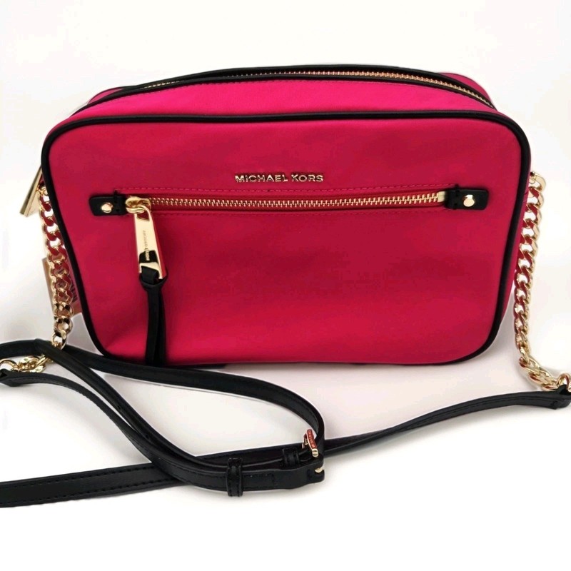 New Michael Kors Hot Pink Magenta Polly Nylon Crossbody Purse Bag Gold