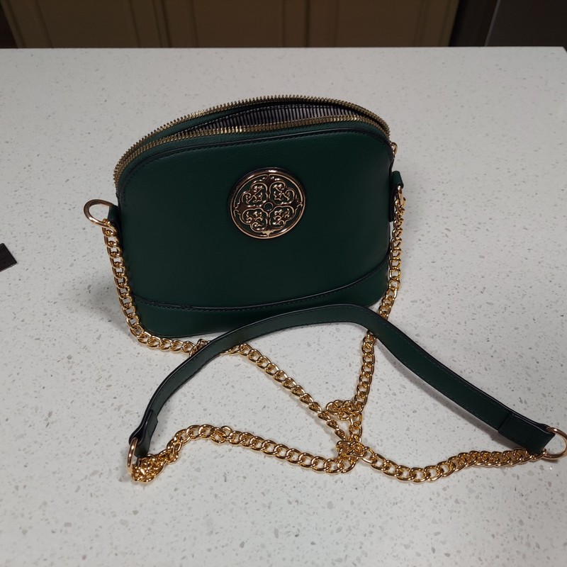 Vegan Leather Crossbody Shoulder Bag Purse Green and Black Pinstripe Lining
